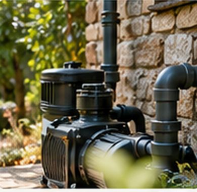 Pompe de filtration de piscine contre un mur en pierre