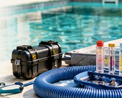 Matériel d'entretien de piscine posé au bord d'un bassin