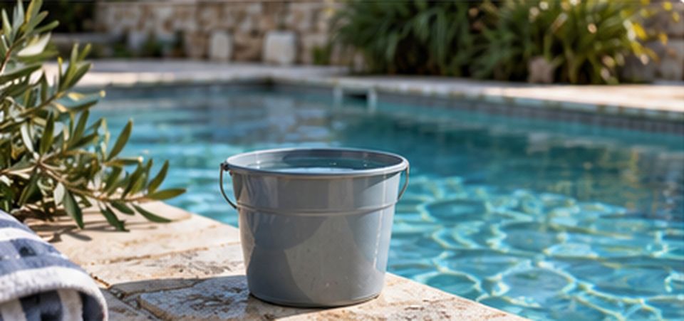 Seau posé sur la margelle d'une piscine pour le test du seau