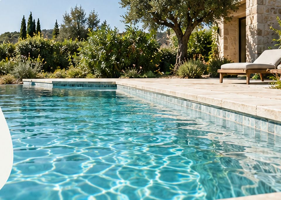 Piscine enterrée à l'eau claire, bordée d'un jardin méditerranéen