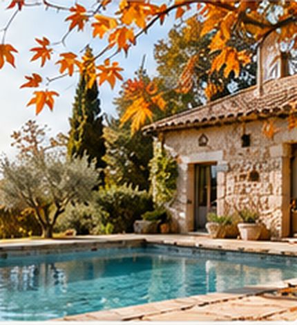 Piscine devant une maison en pierre à l'automne