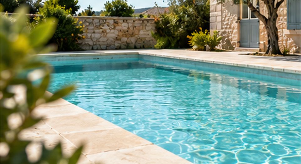 Piscine bordée d'un olivier, devant une maison en pierre