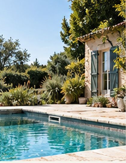 Piscine devant une maison en pierre de la région